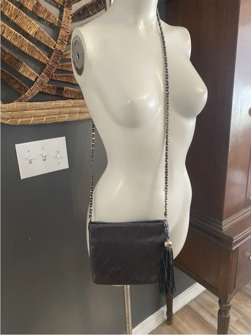 Vintage Chanel Quilted Gunmetal Gray Timeless Crossbody Purse With Tassel